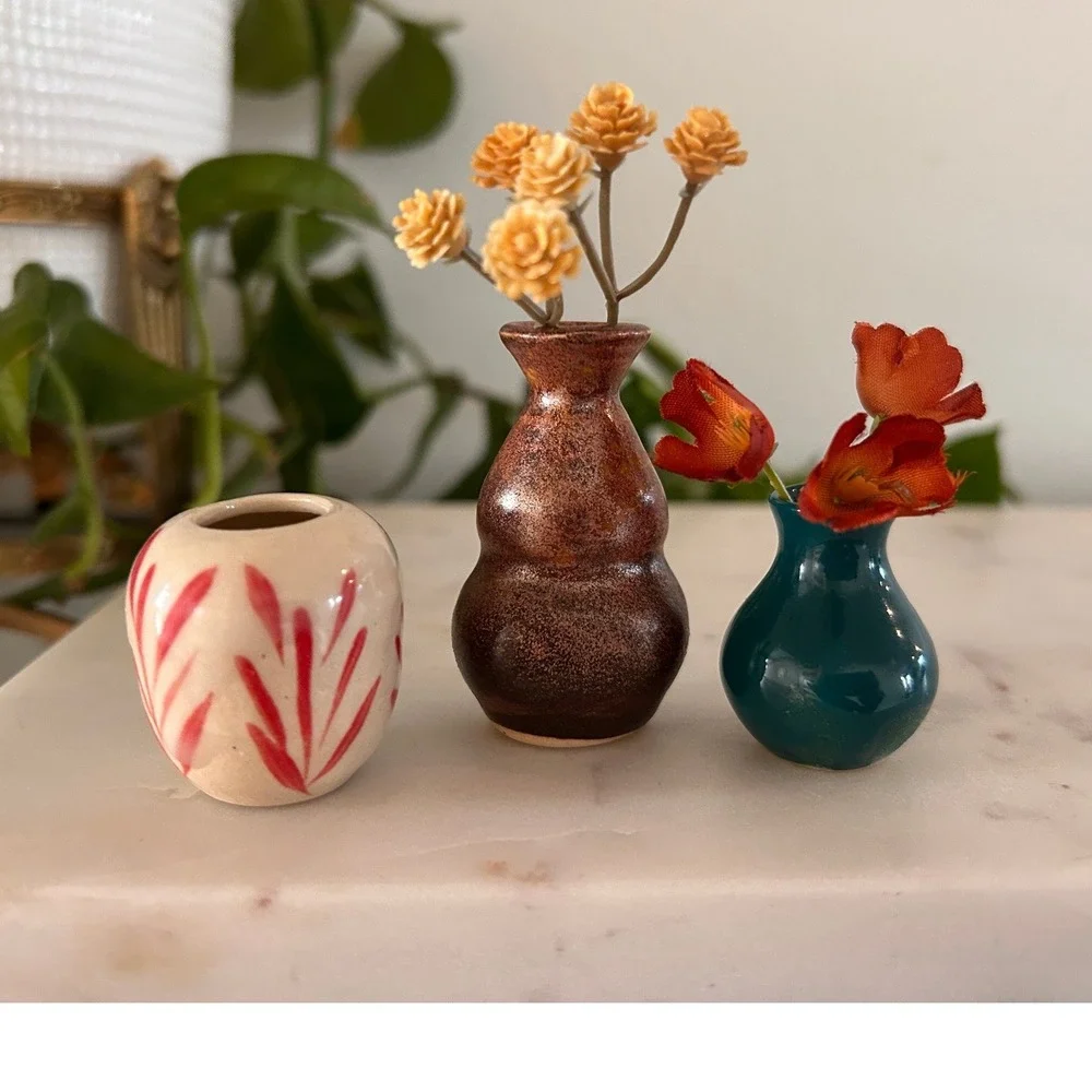 Miniature Ceramic Bud Vase Set of 3 Signed ML Artisan Pottery Teal Bronze Red